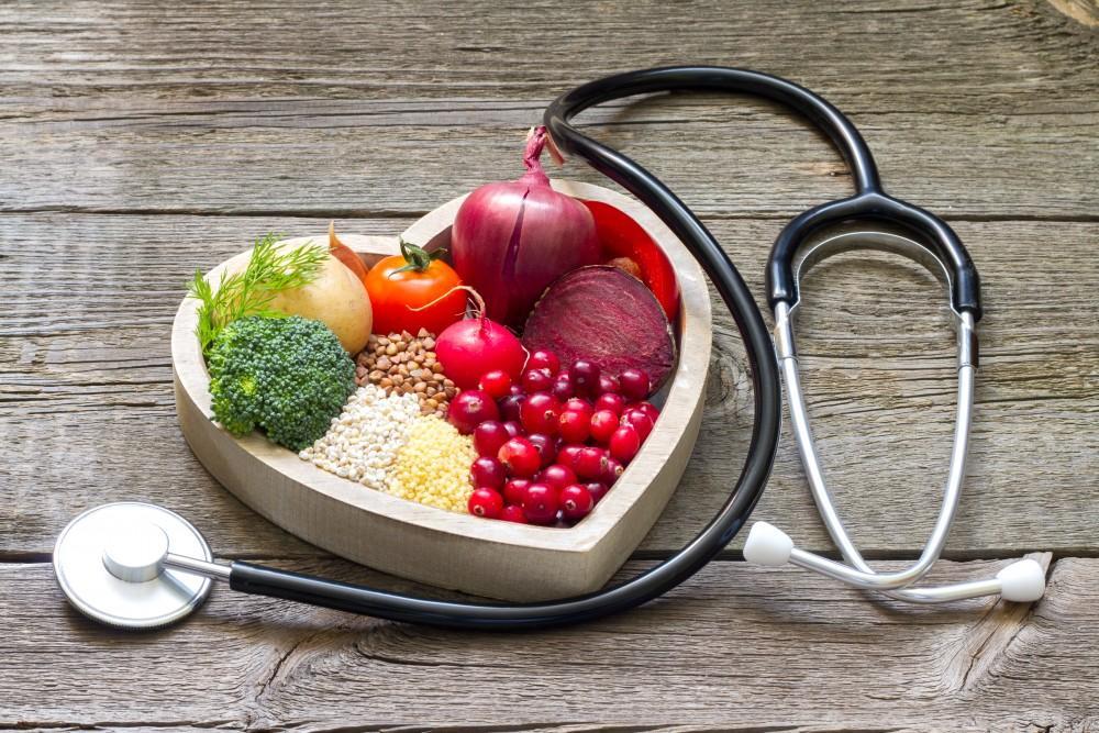 Nutrient-rich foods with medical stethoscope nearby