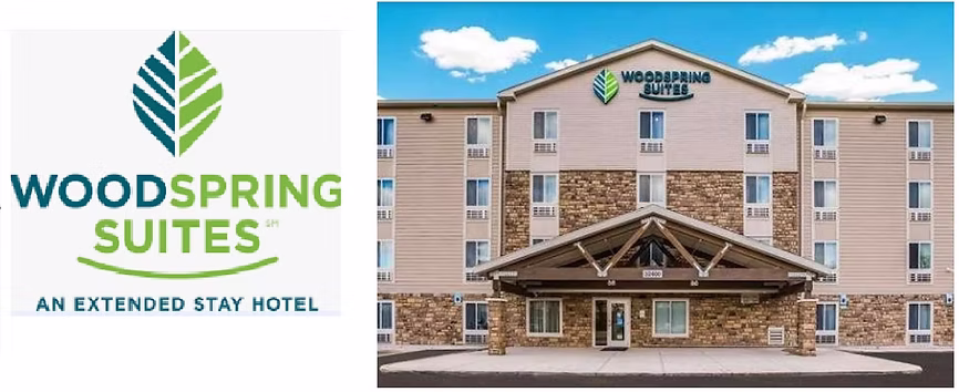 Woodspring Suites hotel exterior and logo