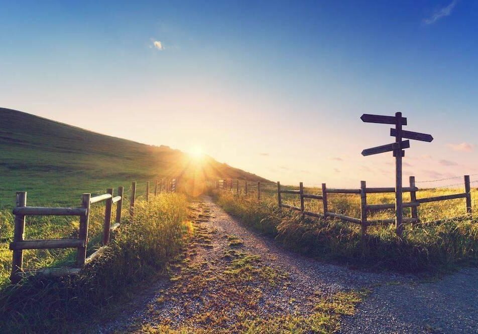 Sunrise over grassy hill and gravel path