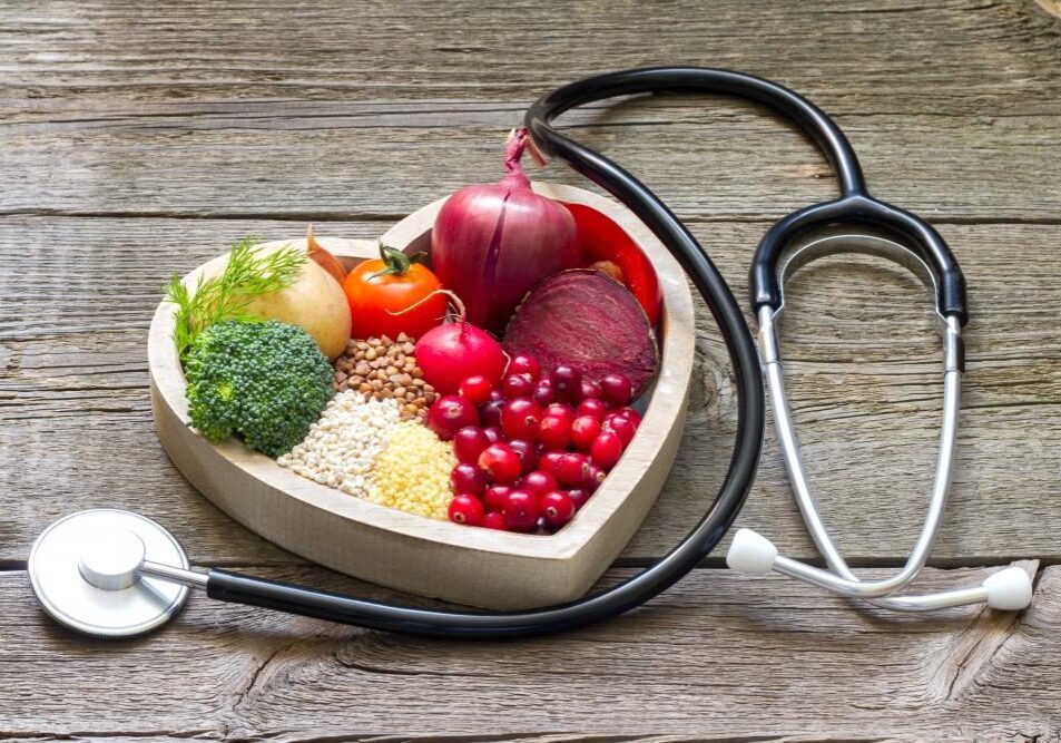 Nutrient-rich foods with medical stethoscope nearby